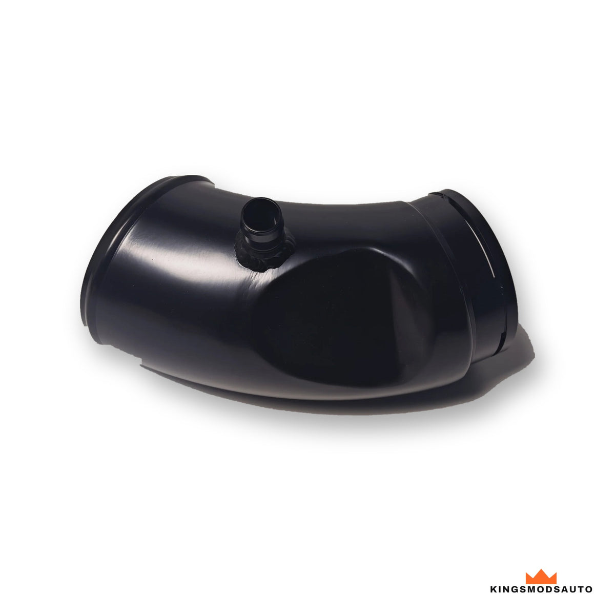 Top of the aluminum turbo inlet showing the breather port and gloss black finish