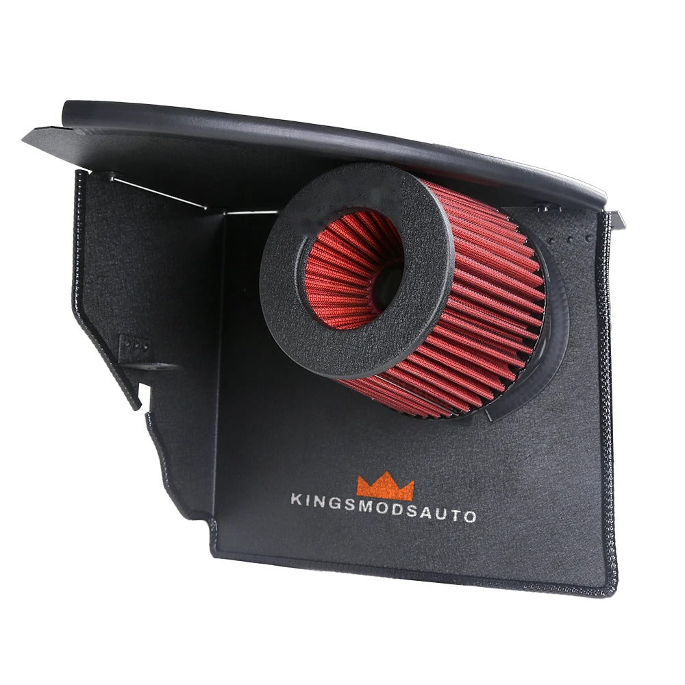 4-inch high-flow air filter seated inside the Kings Mods Auto intake heat shield