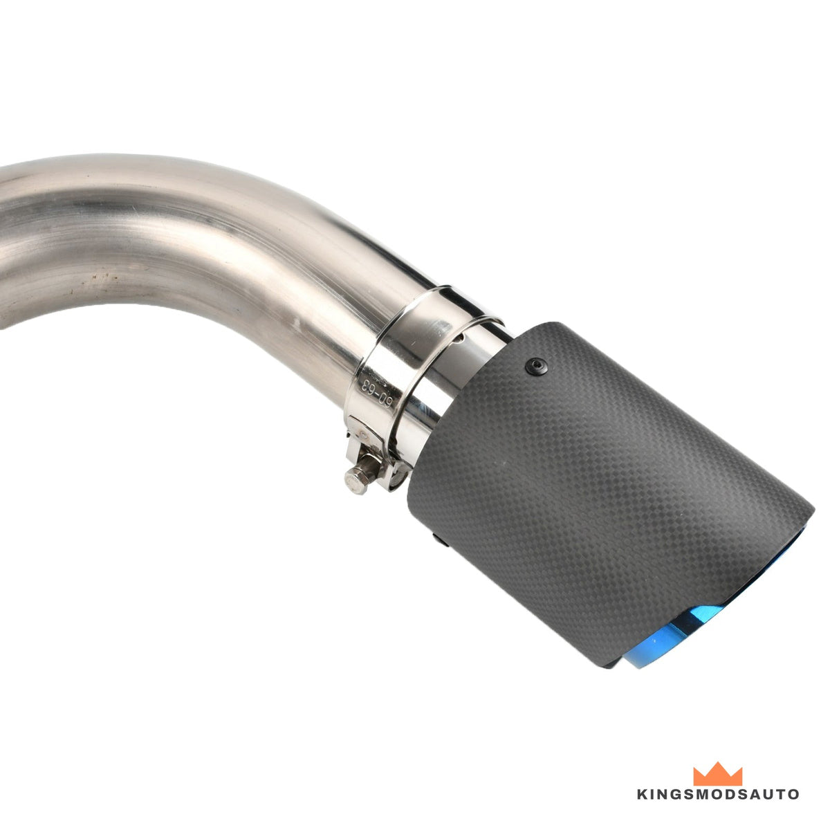 Carbon fiber exhaust tip with blue burnt inner lip fitted to a polished stainless axle-back pipe for the BMW F30 335i
