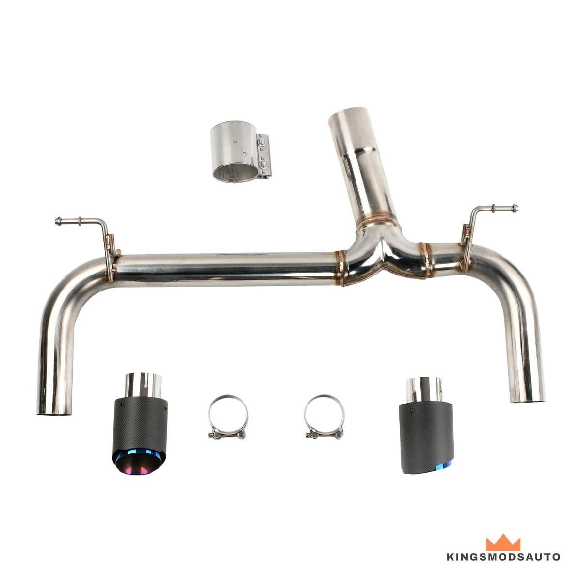 Complete BMW F30 335i F32 435i axle-back exhaust kit laid out with Y-pipe, two carbon tips, clamps and sleeve