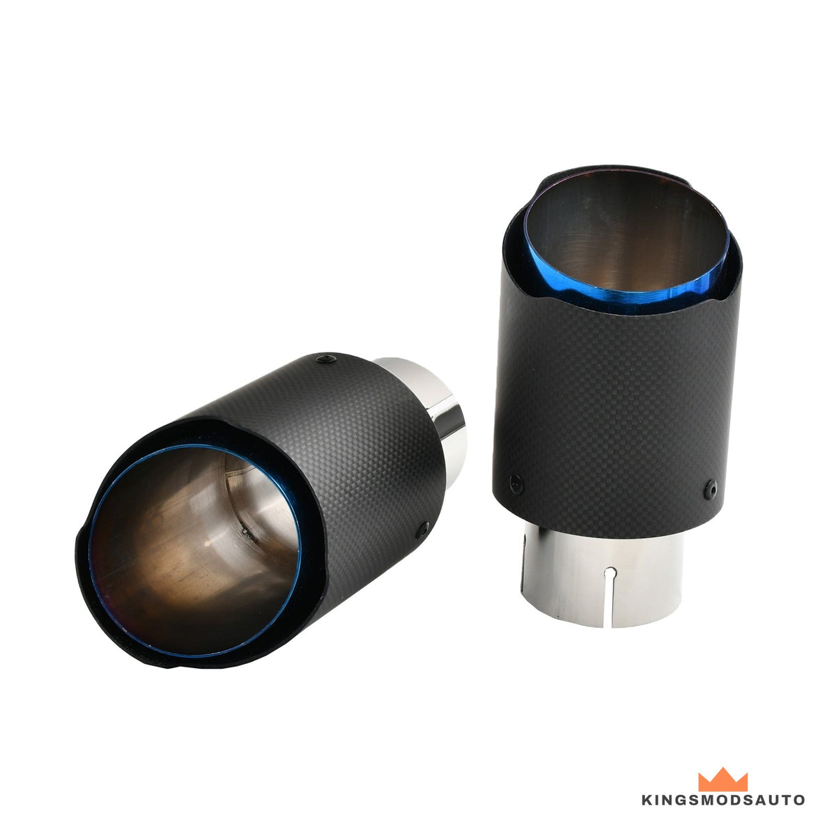 Pair of 4.25 inch carbon fiber exhaust tips with blue burnt stainless inner tips