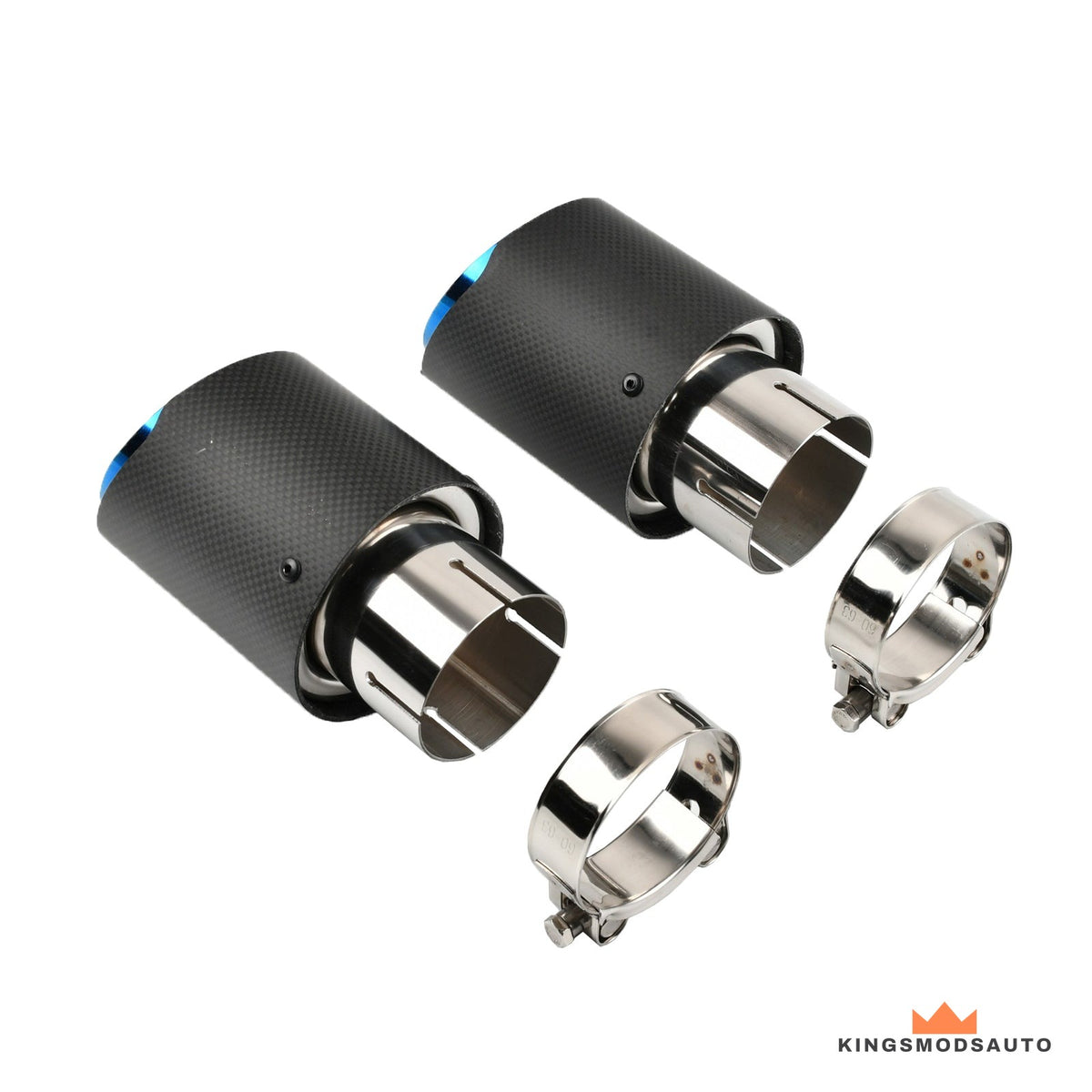 Carbon fiber exhaust tips shown with the stainless T-bolt clamps included in the kit