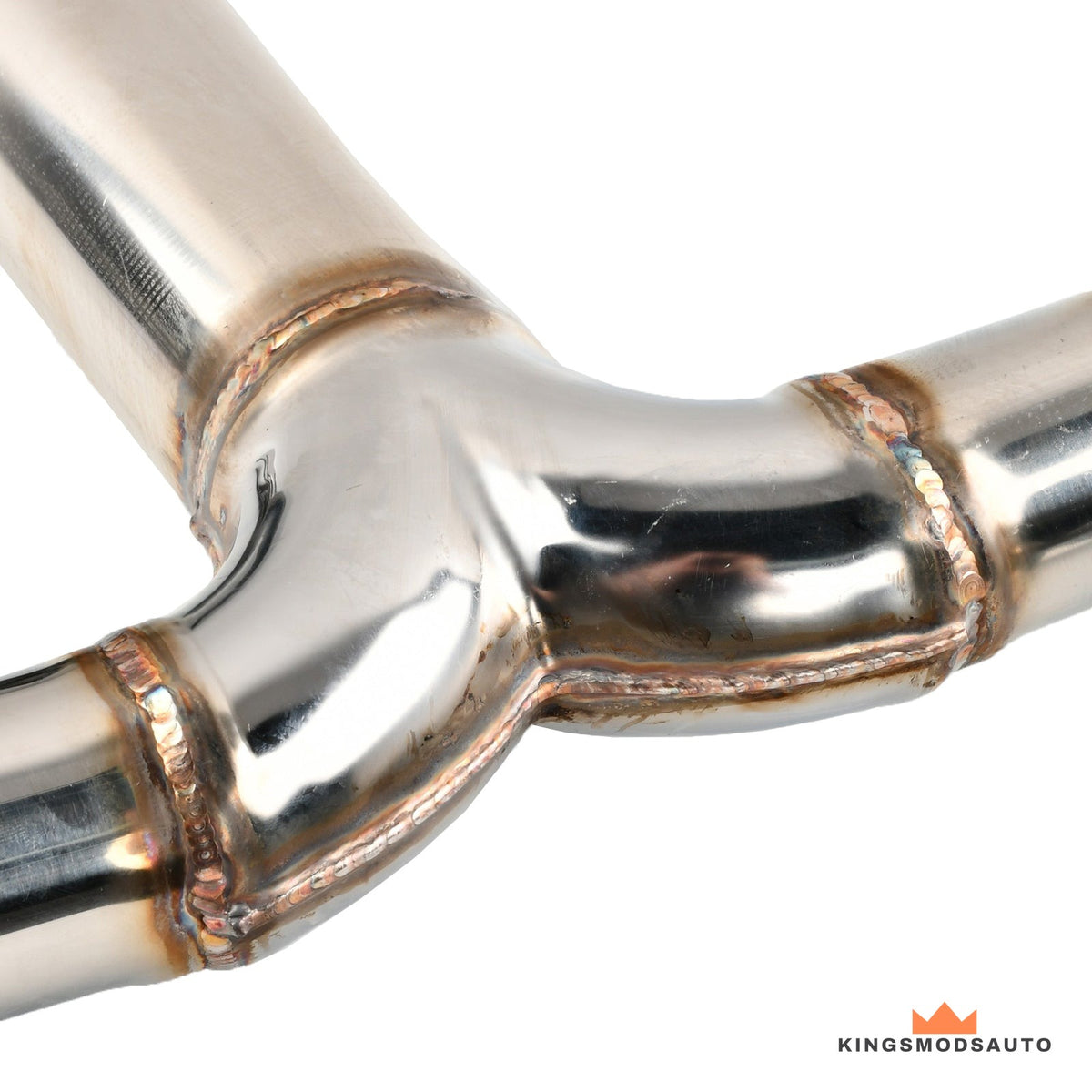 Close-up of the welded Y-junction on the stainless steel axle-back pipework
