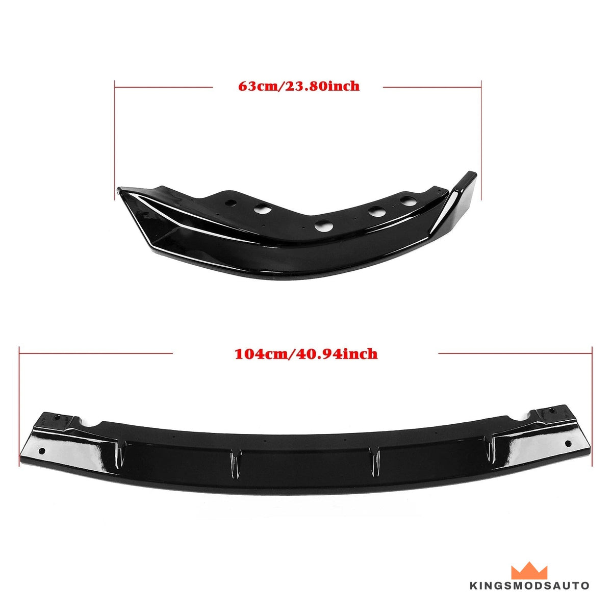 Measurement diagram of the front lip: side extension 63 cm / 23.8 inches, centre section 104 cm / 40.94 inches