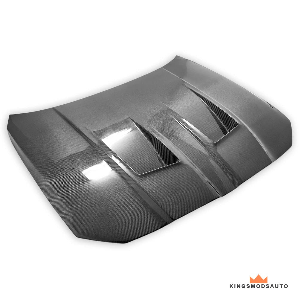 Carbon fiber vented hood, front three-quarter view