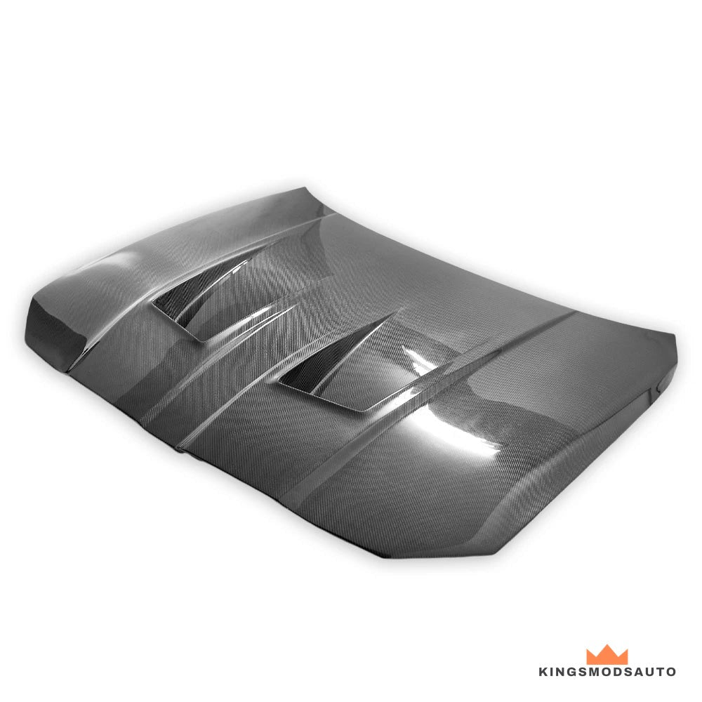 Carbon fiber vented hood, side angle showing the raised vent profile