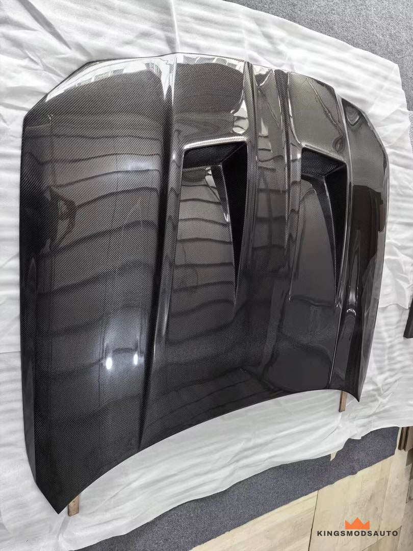 Carbon fiber hood viewed from the front edge before packing