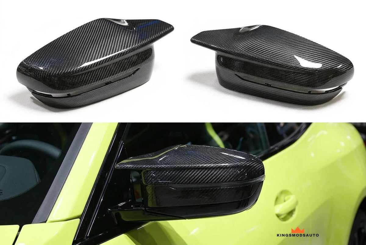 Dry carbon mirror caps for BMW G80 M3 and G82 M4, pair and fitted on a car