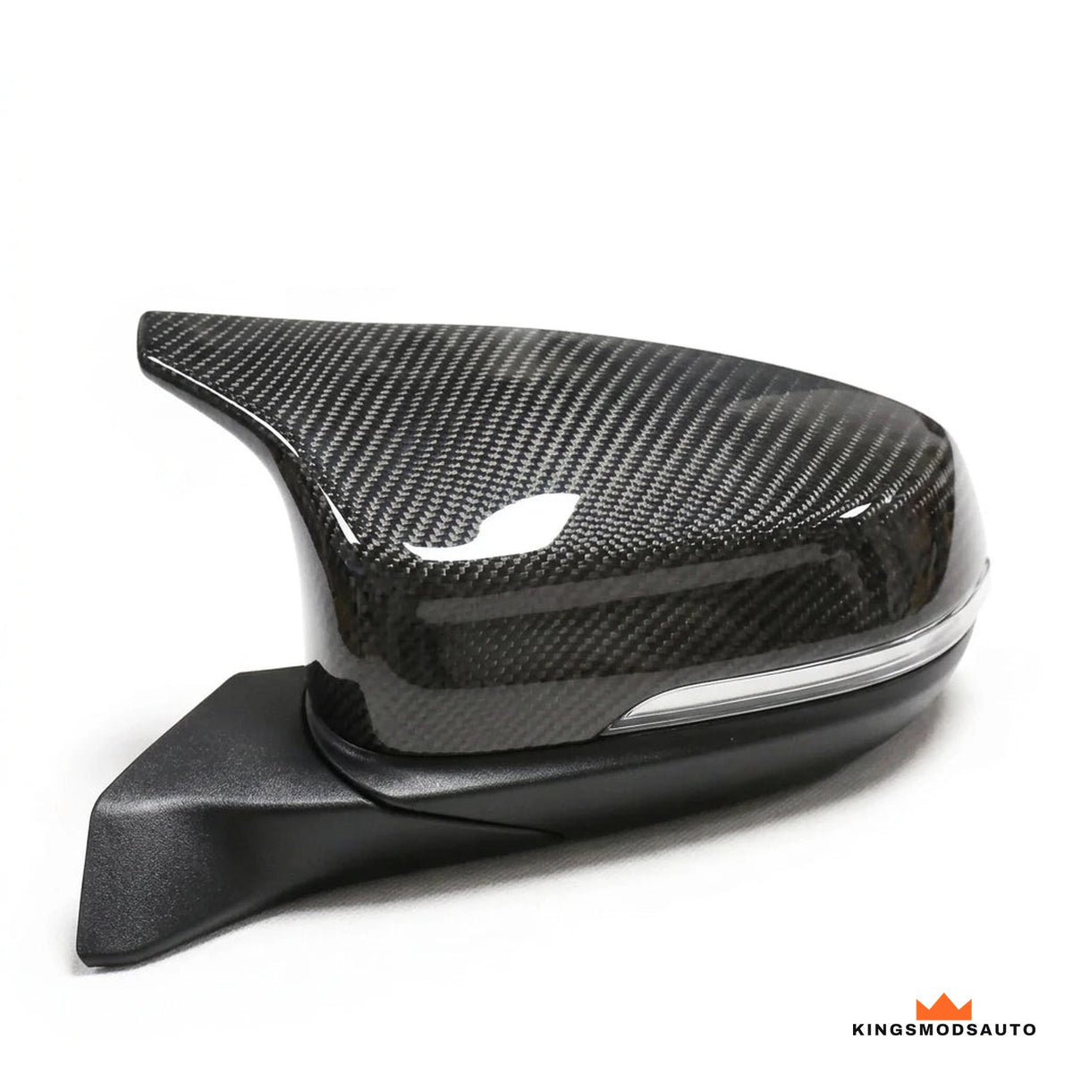 Gloss dry carbon mirror cap fitted on a BMW M-style mirror